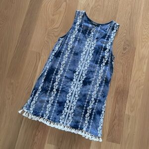 KAREN KANE Blue and Cream Embroidered TUNIC Top with Tassels Size XS EUC